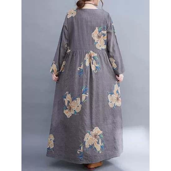 Casual Loose Pleated Flower Printed Round-Neck Long Sleeves Maxi Dress Casual Loose Pleated Flower Printed Round-Neck Long Sleeves Maxi Dress