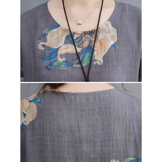 Casual Loose Pleated Flower Printed Round-Neck Long Sleeves Maxi Dress Casual Loose Pleated Flower Printed Round-Neck Long Sleeves Maxi Dress
