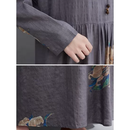 Casual Loose Pleated Flower Printed Round-Neck Long Sleeves Maxi Dress Casual Loose Pleated Flower Printed Round-Neck Long Sleeves Maxi Dress