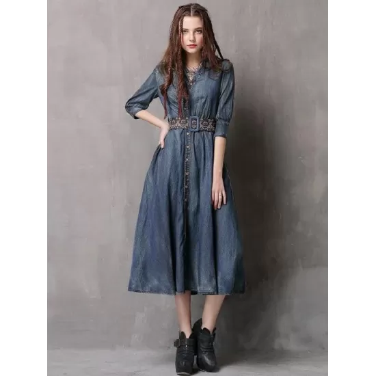 Vintage Embroidered Cropped Denim Dress Vintage Embroidered Cropped Denim Dress