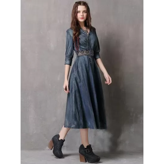 Vintage Embroidered Cropped Denim Dress Vintage Embroidered Cropped Denim Dress