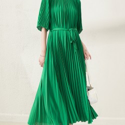 Loose Pleated With Waistband Solid Color Round-Neck Maxi Dresses
