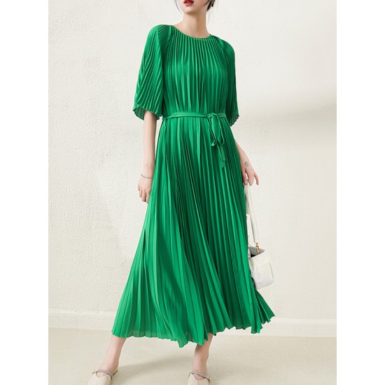 Loose Pleated With Waistband Solid Color Round-Neck Maxi Dresses Loose Pleated With Waistband Solid Color Round-Neck Maxi Dresses