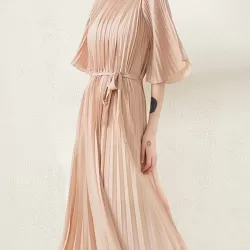 Loose Pleated With Waistband Solid Color Round-Neck Maxi Dresses