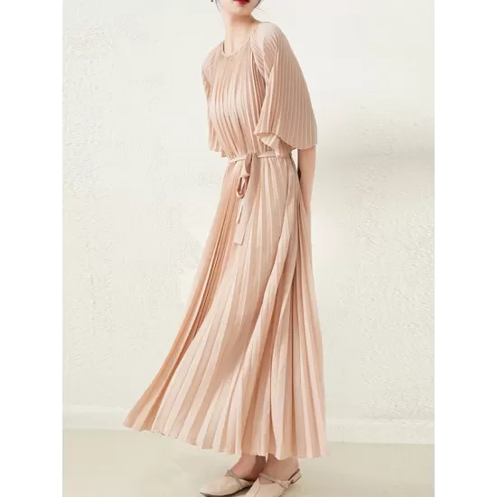 Loose Pleated With Waistband Solid Color Round-Neck Maxi Dresses Loose Pleated With Waistband Solid Color Round-Neck Maxi Dresses
