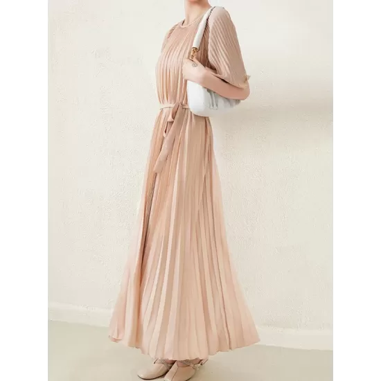 Loose Pleated With Waistband Solid Color Round-Neck Maxi Dresses Loose Pleated With Waistband Solid Color Round-Neck Maxi Dresses