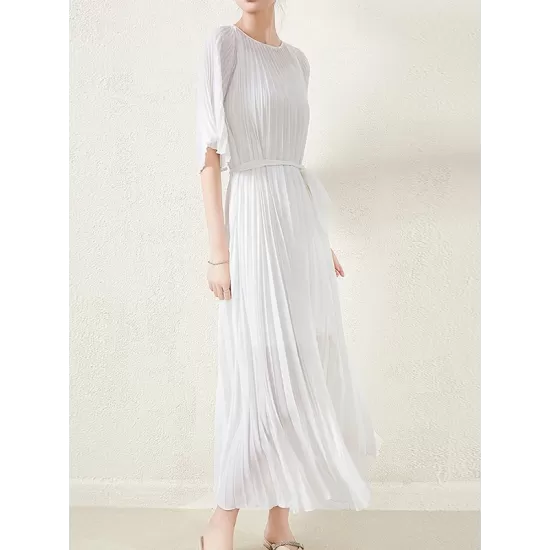 Loose Pleated With Waistband Solid Color Round-Neck Maxi Dresses Loose Pleated With Waistband Solid Color Round-Neck Maxi Dresses