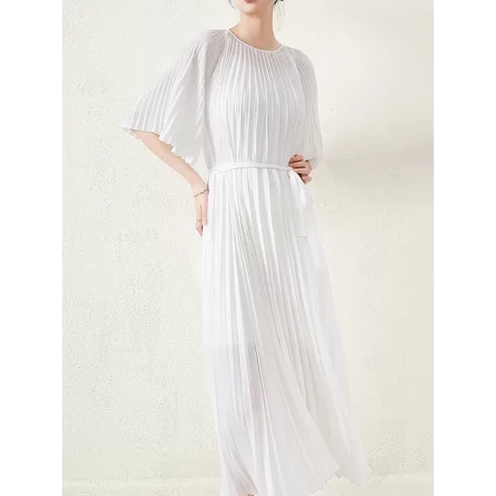 Loose Pleated With Waistband Solid Color Round-Neck Maxi Dresses Loose Pleated With Waistband Solid Color Round-Neck Maxi Dresses