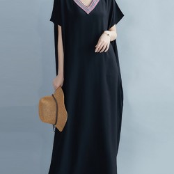 Casual Artistic Retro Striped V-Neck Short Sleeves Maxi Dress