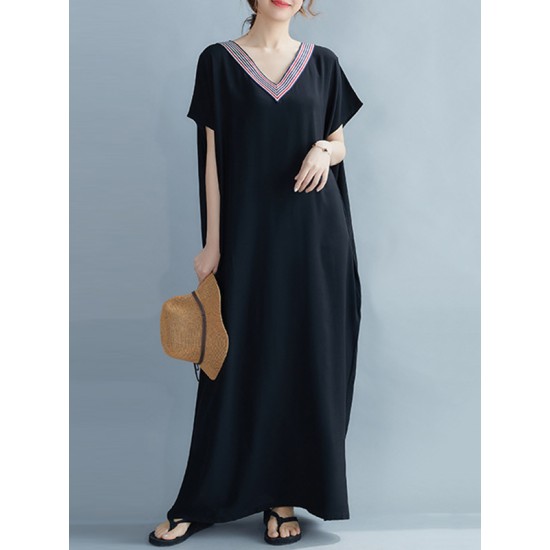 Casual Artistic Retro Striped V-Neck Short Sleeves Maxi Dress Casual Artistic Retro Striped V-Neck Short Sleeves Maxi Dress