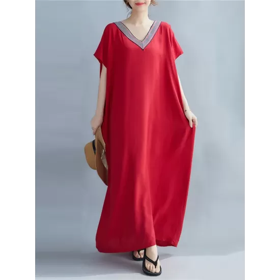 Casual Artistic Retro Striped V-Neck Short Sleeves Maxi Dress Casual Artistic Retro Striped V-Neck Short Sleeves Maxi Dress