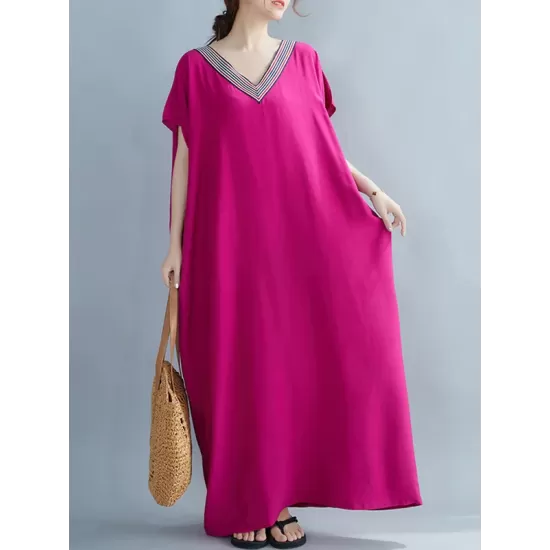 Casual Artistic Retro Striped V-Neck Short Sleeves Maxi Dress Casual Artistic Retro Striped V-Neck Short Sleeves Maxi Dress