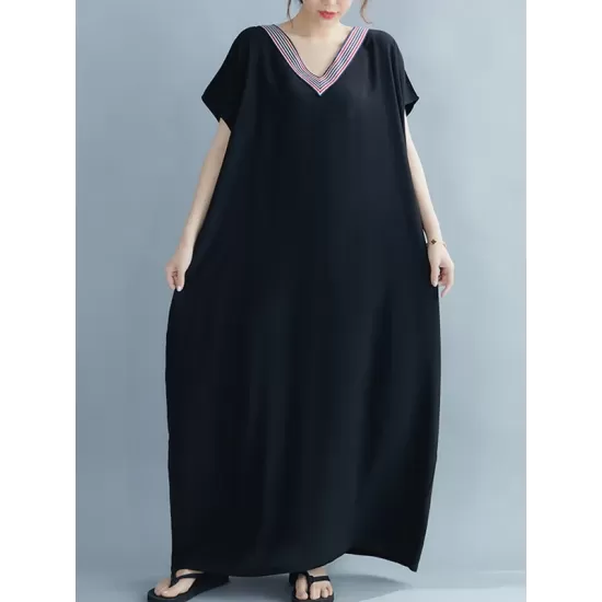 Casual Artistic Retro Striped V-Neck Short Sleeves Maxi Dress Casual Artistic Retro Striped V-Neck Short Sleeves Maxi Dress