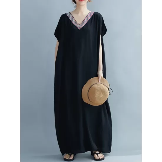 Casual Artistic Retro Striped V-Neck Short Sleeves Maxi Dress Casual Artistic Retro Striped V-Neck Short Sleeves Maxi Dress