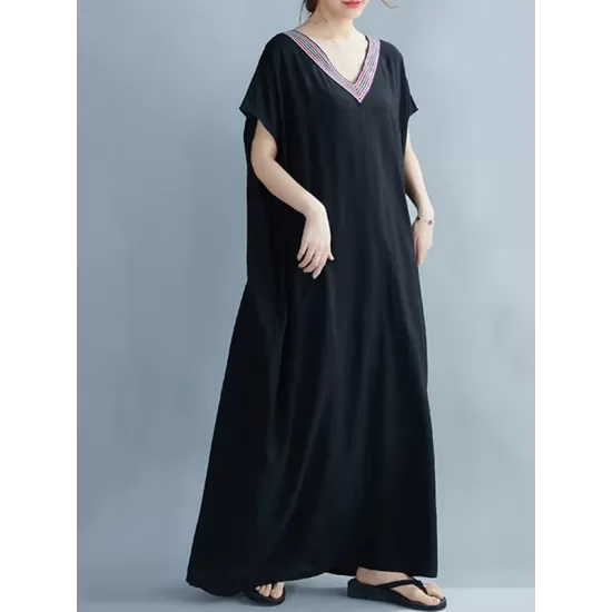Casual Artistic Retro Striped V-Neck Short Sleeves Maxi Dress Casual Artistic Retro Striped V-Neck Short Sleeves Maxi Dress