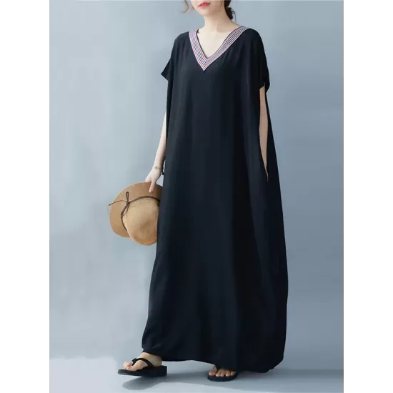 Casual Artistic Retro Striped V-Neck Short Sleeves Maxi Dress Casual Artistic Retro Striped V-Neck Short Sleeves Maxi Dress