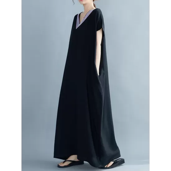 Casual Artistic Retro Striped V-Neck Short Sleeves Maxi Dress Casual Artistic Retro Striped V-Neck Short Sleeves Maxi Dress