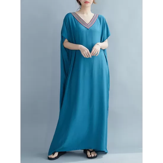 Casual Artistic Retro Striped V-Neck Short Sleeves Maxi Dress Casual Artistic Retro Striped V-Neck Short Sleeves Maxi Dress