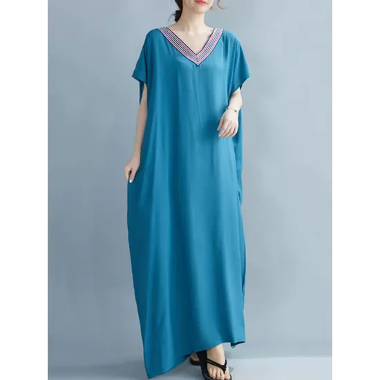 Casual Artistic Retro Striped V-Neck Short Sleeves Maxi Dress Casual Artistic Retro Striped V-Neck Short Sleeves Maxi Dress
