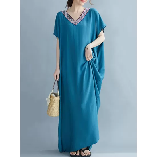 Casual Artistic Retro Striped V-Neck Short Sleeves Maxi Dress Casual Artistic Retro Striped V-Neck Short Sleeves Maxi Dress