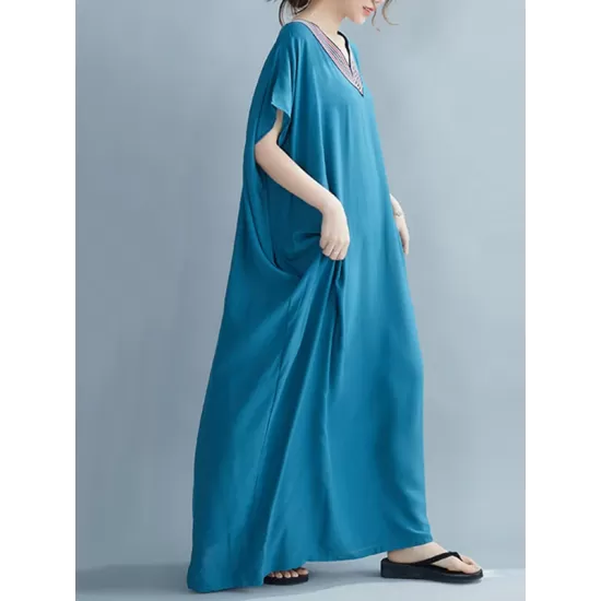 Casual Artistic Retro Striped V-Neck Short Sleeves Maxi Dress Casual Artistic Retro Striped V-Neck Short Sleeves Maxi Dress