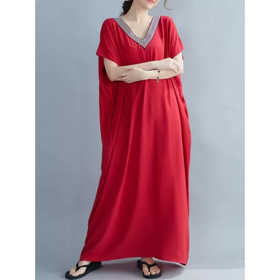Casual Artistic Retro Striped V-Neck Short Sleeves Maxi Dress Casual Artistic Retro Striped V-Neck Short Sleeves Maxi Dress