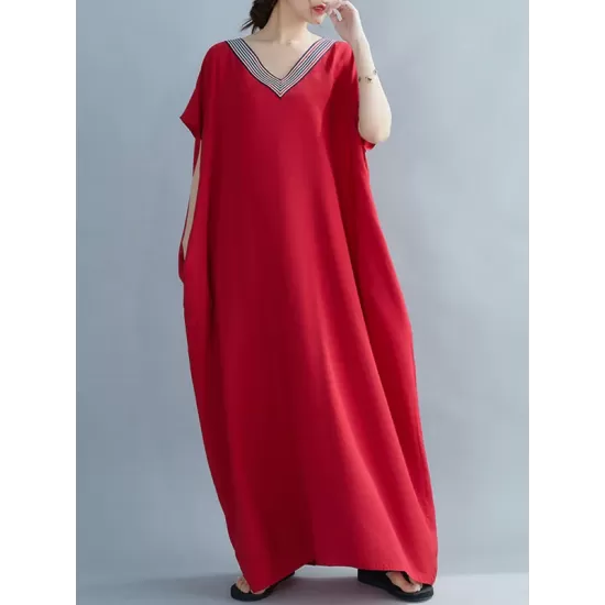 Casual Artistic Retro Striped V-Neck Short Sleeves Maxi Dress Casual Artistic Retro Striped V-Neck Short Sleeves Maxi Dress