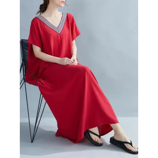 Casual Artistic Retro Striped V-Neck Short Sleeves Maxi Dress Casual Artistic Retro Striped V-Neck Short Sleeves Maxi Dress