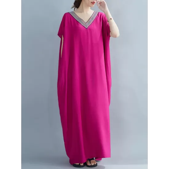 Casual Artistic Retro Striped V-Neck Short Sleeves Maxi Dress Casual Artistic Retro Striped V-Neck Short Sleeves Maxi Dress