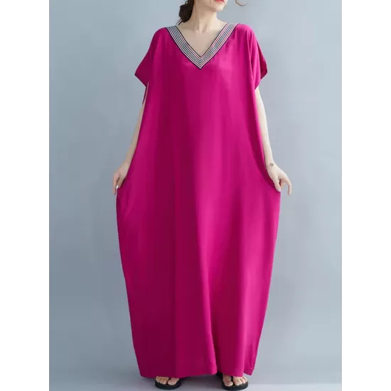 Casual Artistic Retro Striped V-Neck Short Sleeves Maxi Dress Casual Artistic Retro Striped V-Neck Short Sleeves Maxi Dress