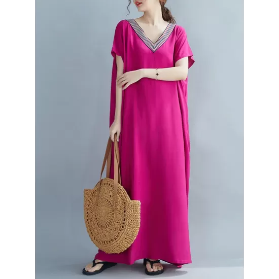 Casual Artistic Retro Striped V-Neck Short Sleeves Maxi Dress Casual Artistic Retro Striped V-Neck Short Sleeves Maxi Dress