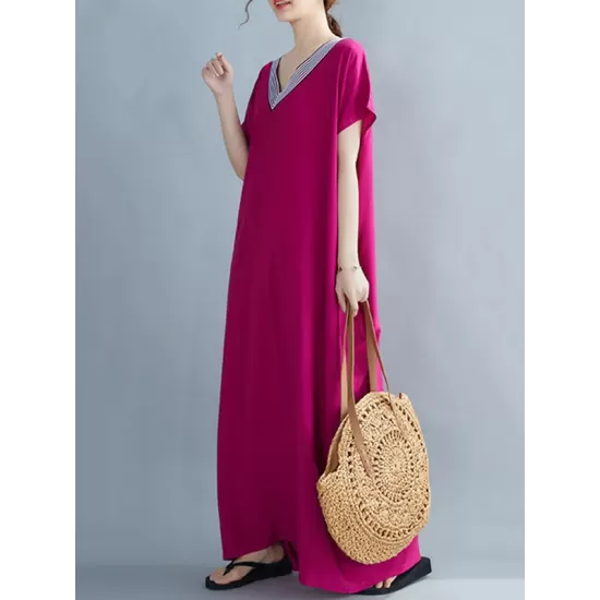Casual Artistic Retro Striped V-Neck Short Sleeves Maxi Dress Casual Artistic Retro Striped V-Neck Short Sleeves Maxi Dress