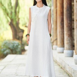 White Ramie Cotton Sleeveless Linen Dress