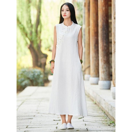 White Ramie Cotton Sleeveless Linen Dress White Ramie Cotton Sleeveless Linen Dress