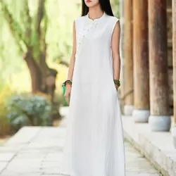 White Ramie Cotton Sleeveless Linen Dress