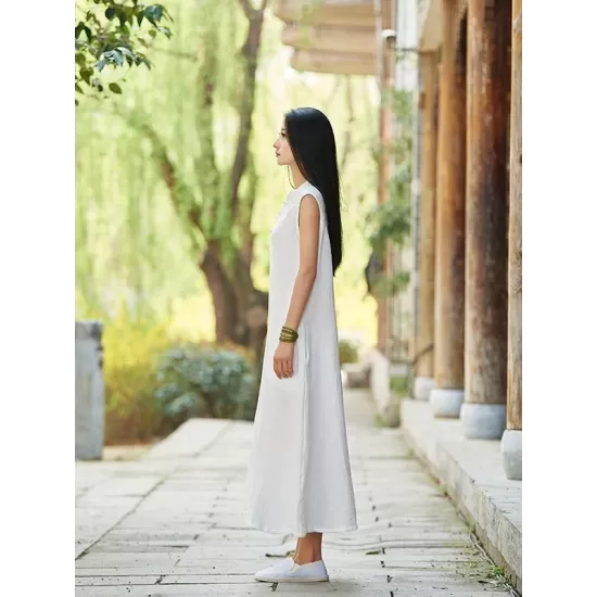 White Ramie Cotton Sleeveless Linen Dress White Ramie Cotton Sleeveless Linen Dress