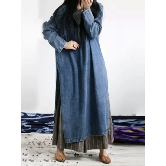 Loose Button Split-side Jeans Long Dress Loose Button Split-side Jeans Long Dress