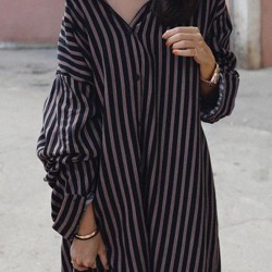 Loose Striped Lapel Split-joint Blouse Dress
