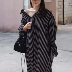 Loose Striped Lapel Split-joint Blouse Dress