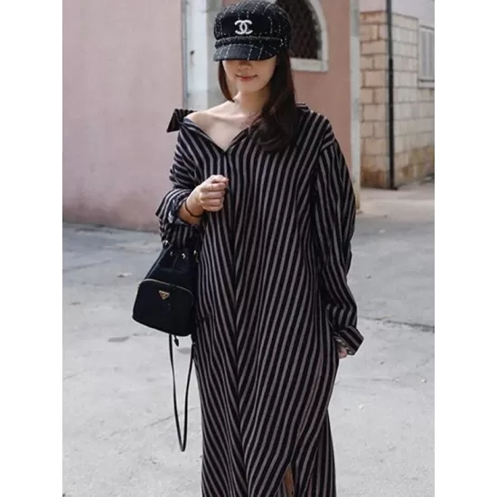 Loose Striped Lapel Split-joint Blouse Dress Loose Striped Lapel Split-joint Blouse Dress