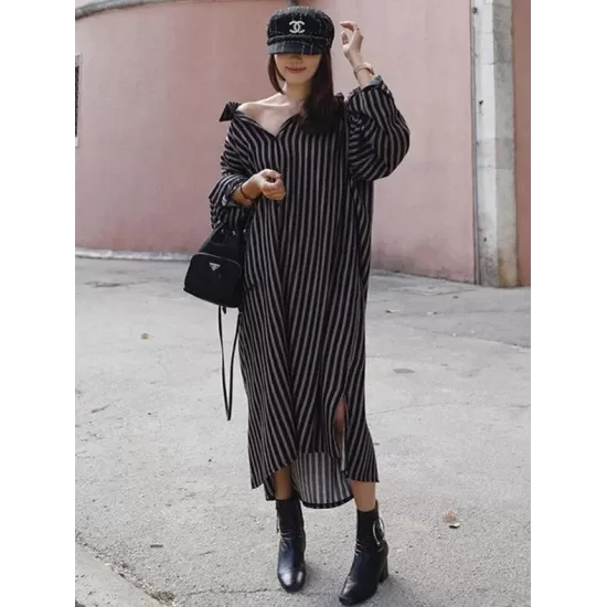 Loose Striped Lapel Split-joint Blouse Dress Loose Striped Lapel Split-joint Blouse Dress