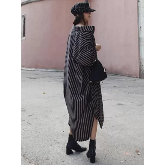Loose Striped Lapel Split-joint Blouse Dress Loose Striped Lapel Split-joint Blouse Dress