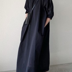 Simple Solid Color Stand Collar Loose Half Sleeve Shirt Dress