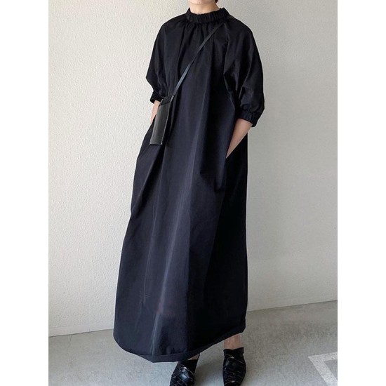 Simple Solid Color Stand Collar Loose Half Sleeve Shirt Dress Simple Solid Color Stand Collar Loose Half Sleeve Shirt Dress