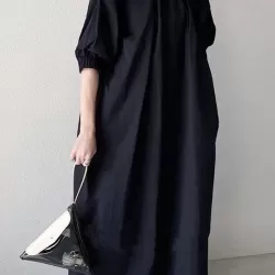 Simple Solid Color Stand Collar Loose Half Sleeve Shirt Dress
