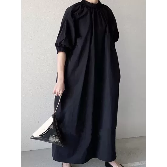 Simple Solid Color Stand Collar Loose Half Sleeve Shirt Dress Simple Solid Color Stand Collar Loose Half Sleeve Shirt Dress