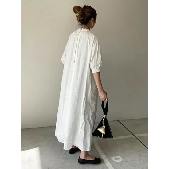 Simple Solid Color Stand Collar Loose Half Sleeve Shirt Dress Simple Solid Color Stand Collar Loose Half Sleeve Shirt Dress