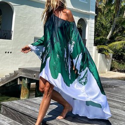 Loose Ink Print Cold Shoulder High-Low Long Dress