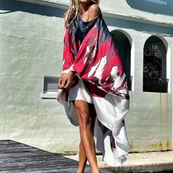 Loose Ink Print Cold Shoulder High-Low Long Dress