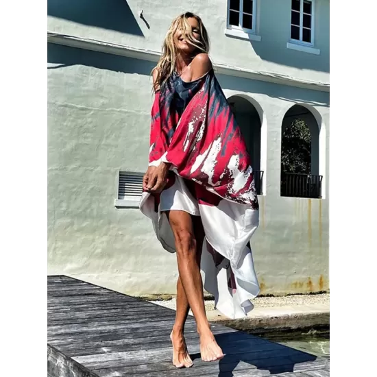 Loose Ink Print Cold Shoulder High-Low Long Dress Loose Ink Print Cold Shoulder High-Low Long Dress